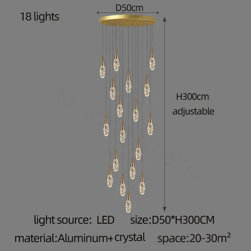 Modern gold diamond crystal chandelier with 18 dangling teardrop pendants on aluminum base for living space lighting
