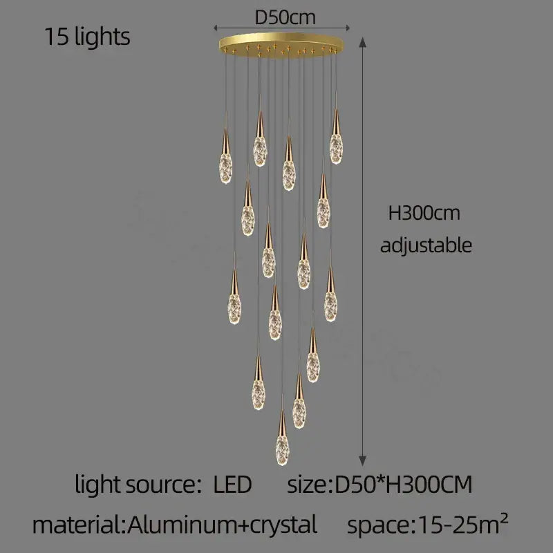 Modern gold diamond crystal chandelier with 15 dangling crystal pendants for elegant living space lighting
