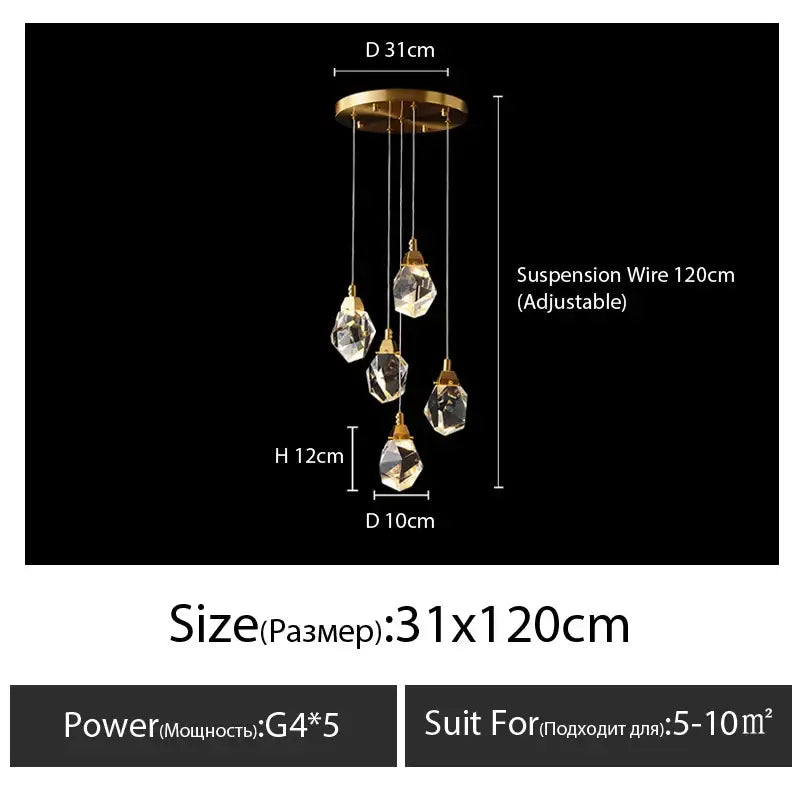 Modern gold diamond crystal chandelier with five faceted crystal pendants suspended from adjustable 120cm wire