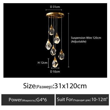 Modern gold diamond crystal chandelier with five faceted crystal pendants hanging from a circular brass fixture