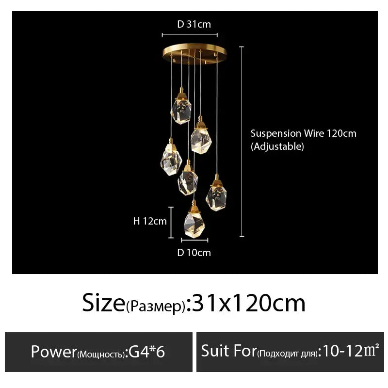 Modern gold diamond crystal chandelier with five faceted crystal pendants hanging from a circular brass fixture