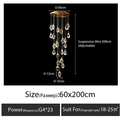 Elegant gold diamond crystal chandelier with cascading clear droplets and led lighting for staircase display