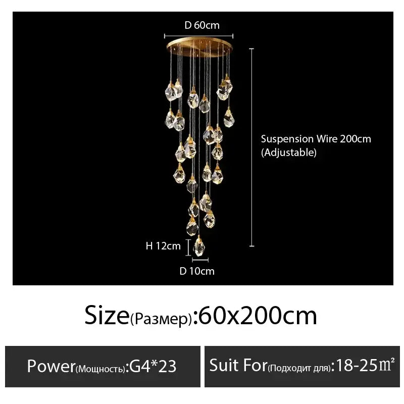 Elegant gold diamond crystal chandelier with cascading clear droplets and led lighting for staircase display