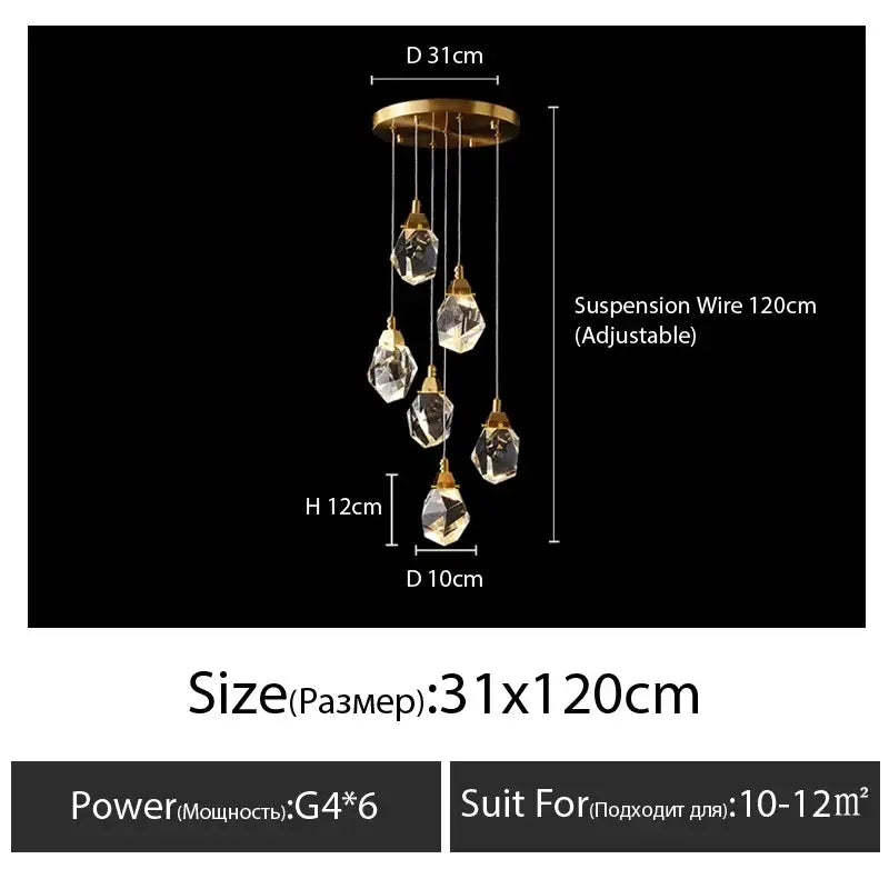 Modern gold diamond crystal chandelier with five clear glass pendants for staircase led lighting