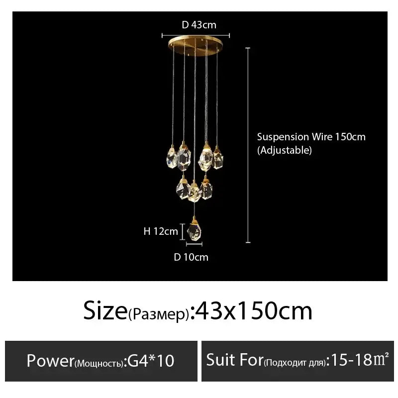 Modern gold diamond crystal chandelier with five faceted crystals and circular mount for chandelier staircase led lighting