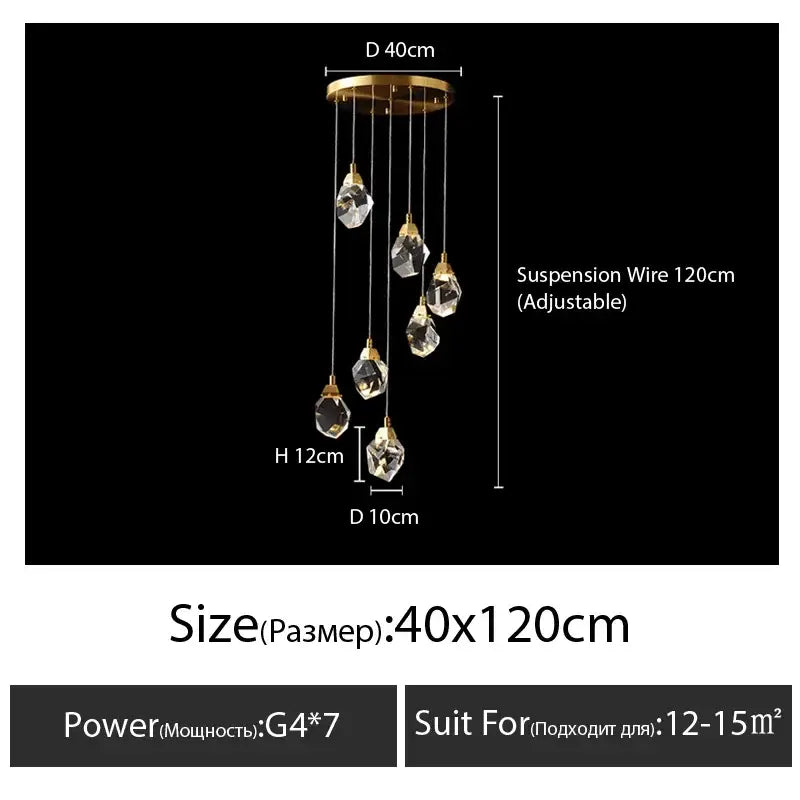 Modern gold diamond crystal chandelier with seven faceted pendants hanging from adjustable wire for staircase led lighting