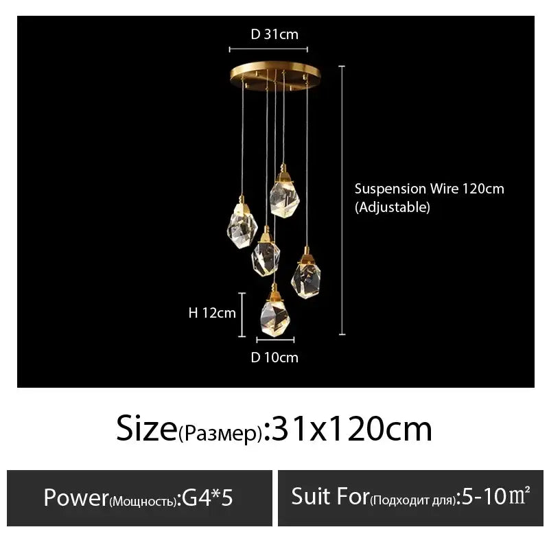 Modern gold diamond crystal chandelier with five faceted crystal pendants for elegant crystal chandelier staircase led lighting
