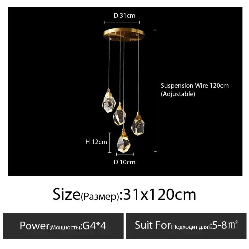 Modern gold diamond crystal chandelier with three faceted droplets suspended by adjustable wires for chandelier staircase led lighting