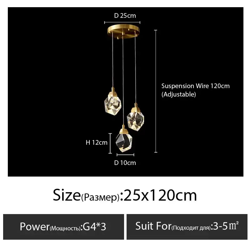 Modern gold diamond crystal chandelier with three faceted crystal droplets for chandelier staircase led lighting
