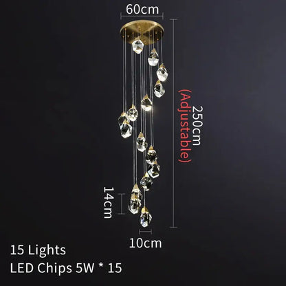A modern gold diamond crystal led ceiling chandelier with 15 clear faceted crystals for dining room lighting