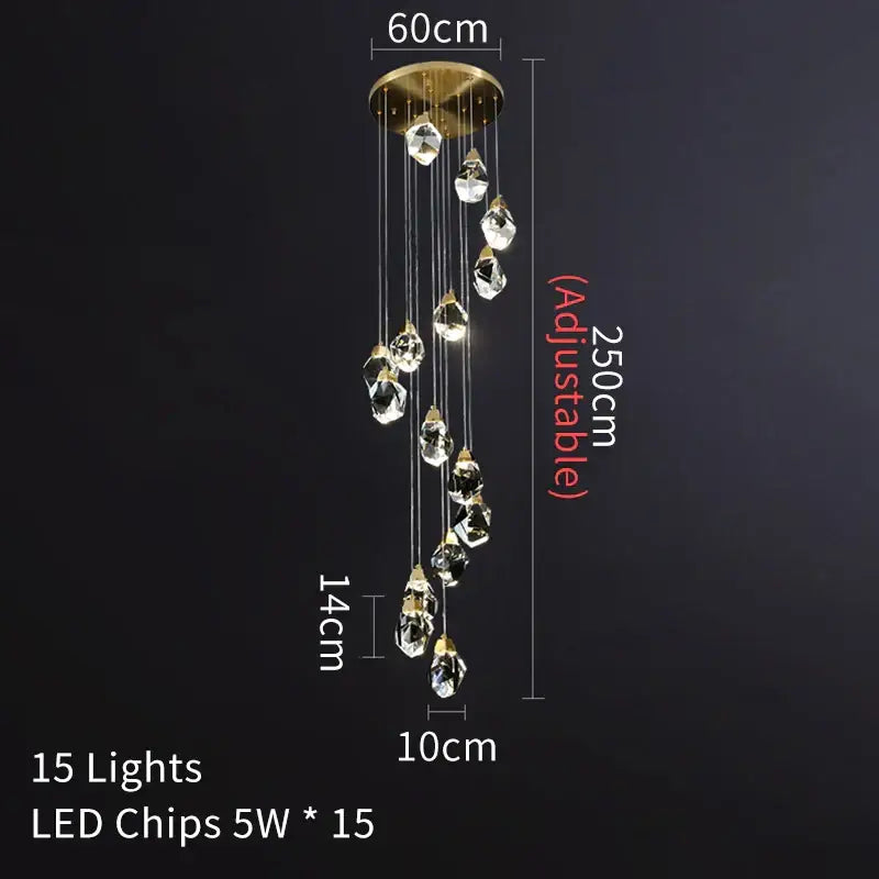 A modern gold diamond crystal led ceiling chandelier with 15 clear faceted crystals for dining room lighting
