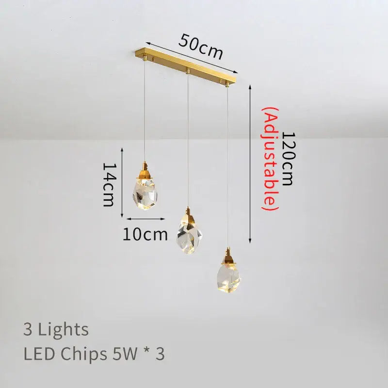 Modern gold diamond crystal led ceiling chandelier with gold-toned mount and three crystal led ceiling pendants for dining room