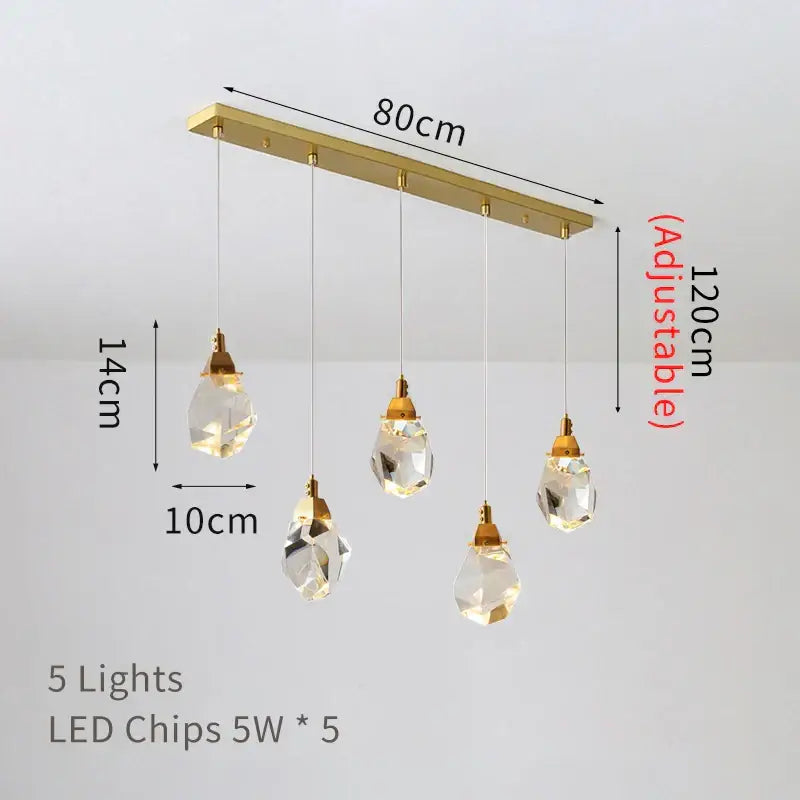 Modern gold diamond crystal led ceiling chandelier with rectangular bar and five clear faceted crystal pendants for dining room