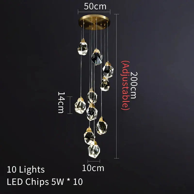 A modern gold diamond crystal led ceiling chandelier with ten adjustable faceted glass pendants for dining room use