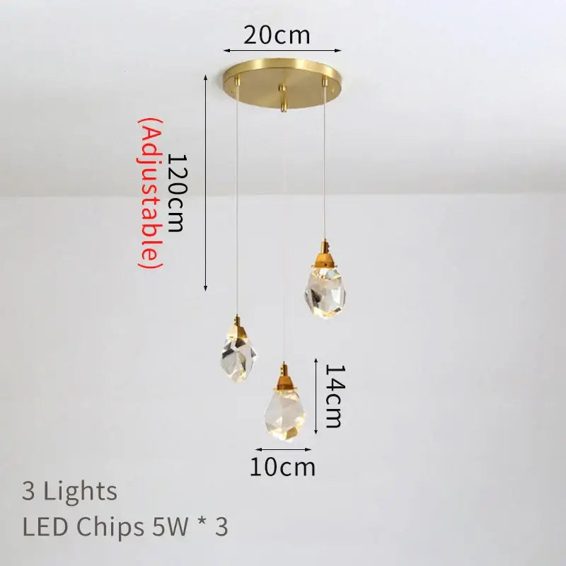 Modern gold diamond crystal led ceiling chandelier with three teardrop shades and brass base for dining room lighting