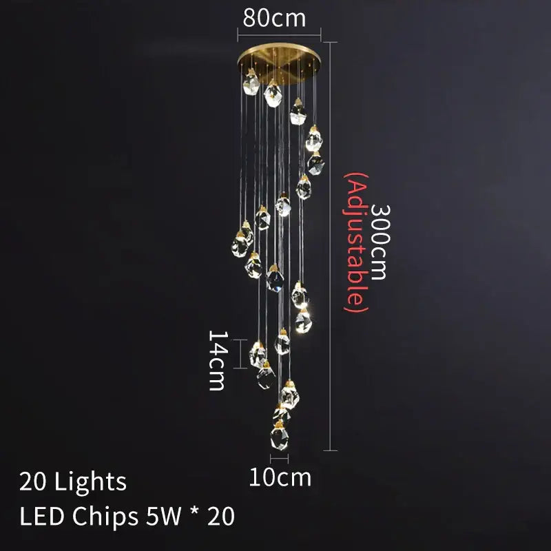 A modern gold diamond crystal led ceiling chandelier with 20 clear crystal droplets for dining room use