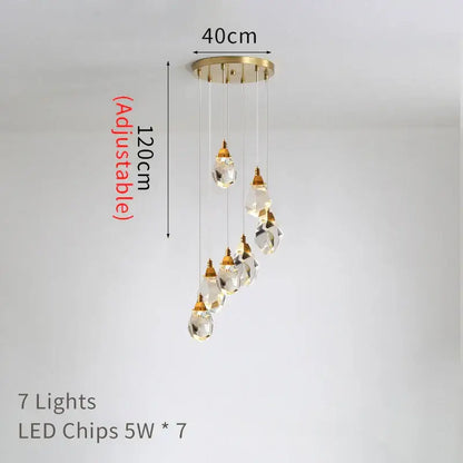 Modern gold diamond crystal led ceiling chandelier with seven clear crystal teardrop pendants for dining room