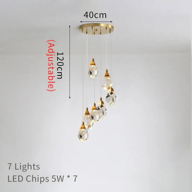 Modern gold diamond crystal led ceiling chandelier with seven clear crystal teardrop pendants for dining room