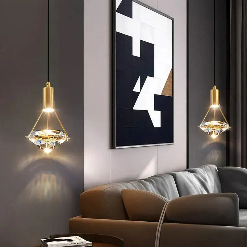Modern gold diamond crystal pendant light with faceted glass shades for bedroom illumination pendant lights