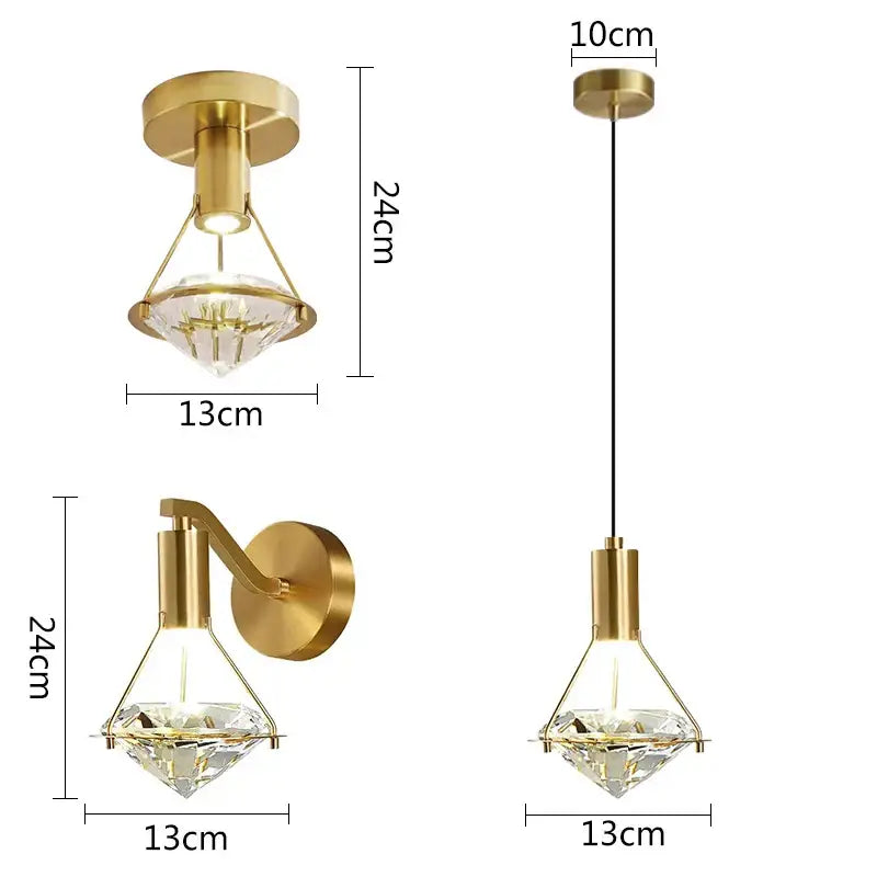 Modern gold diamond crystal wall lamp with gold finish and clear crystal accents for bedroom lighting
