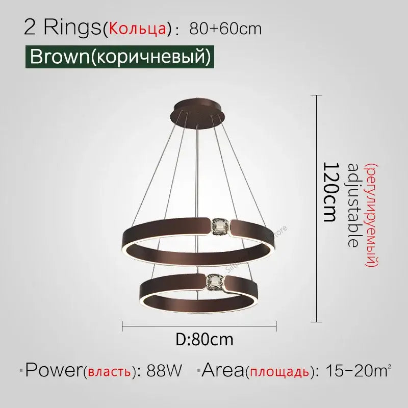 Modern gold diamond ring chandelier with brown metallic two-ring pendant light and crystal accents for living room luxury lamp