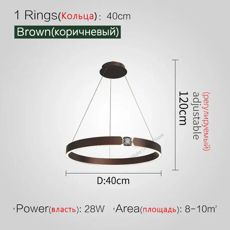 Modern gold diamond ring chandelier with brown circular pendant light and central crystal accent with adjustable height