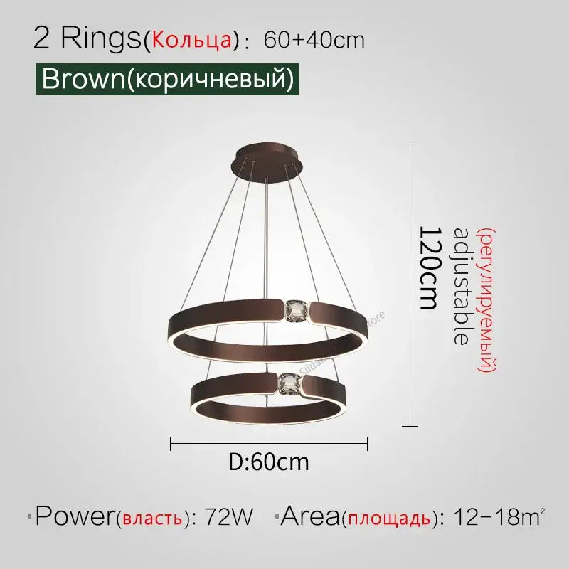 Modern gold diamond ring chandelier with brown double-ring pendant light and square crystal accents for luxury living room