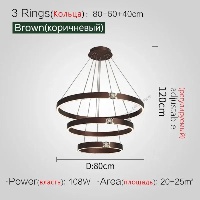Modern gold diamond ring chandelier with brown three-tiered adjustable height and embedded crystal accents for living room