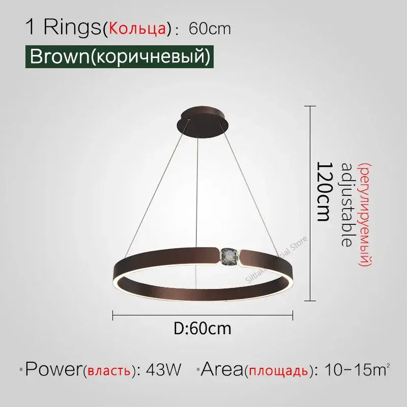 Modern gold diamond ring chandelier with brown circular pendant light, central crystal accent, and adjustable height for living room luxury lighting