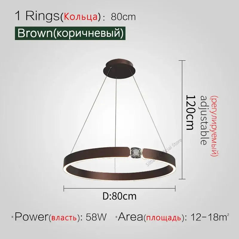 Brown circular pendant light with central crystal accent and adjustable length for modern diamond ring chandelier luxury lamp