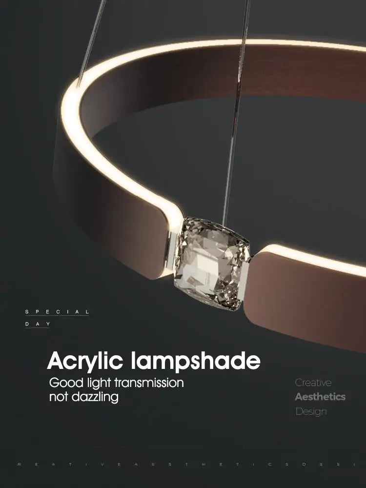 Modern gold diamond ring chandelier with circular acrylic lampshade and warm led lighting for luxury living room