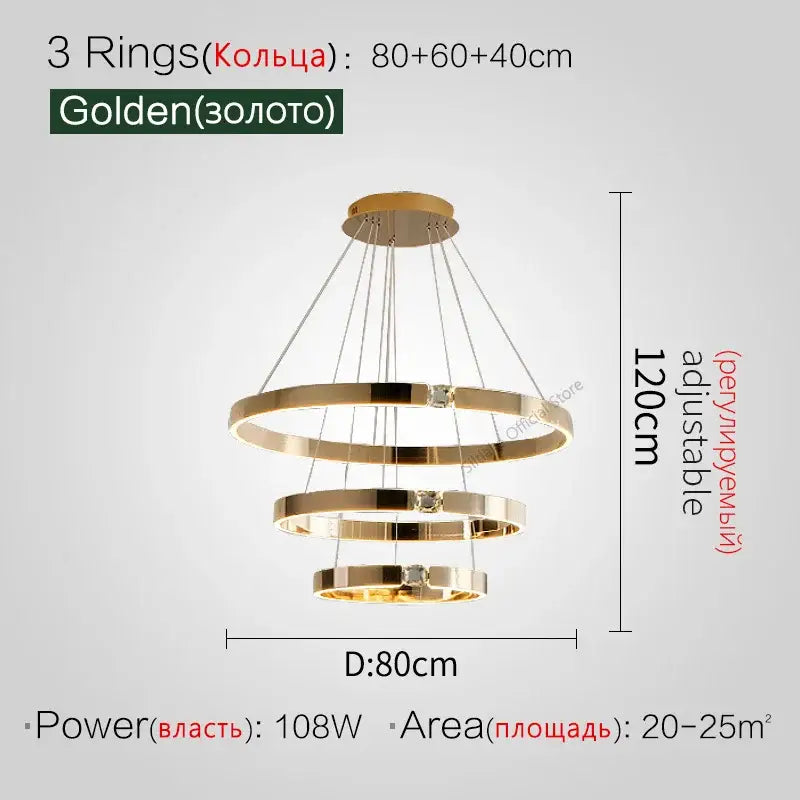 Modern gold diamond ring chandelier with three tiers, adjustable height, and embedded crystal accents for living room luxury