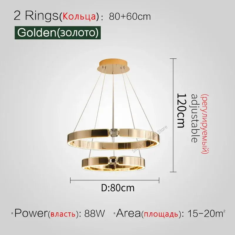 Modern gold diamond ring chandelier with double-ring design and adjustable height for luxury living room lighting