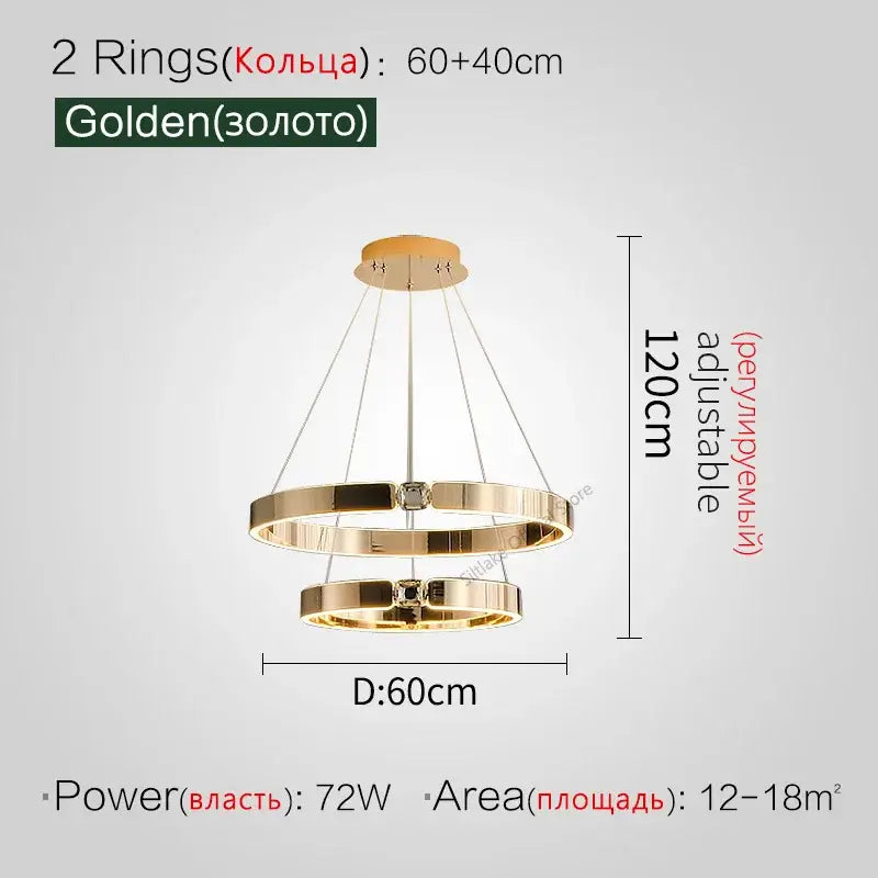 Modern gold diamond ring chandelier with sleek metallic finish and adjustable height for luxury living room lighting