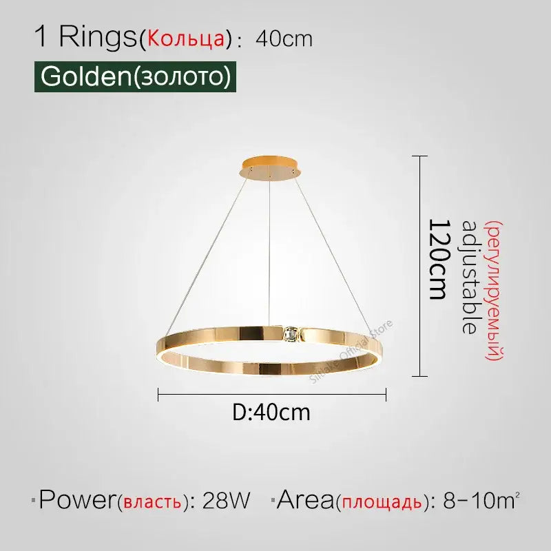 Modern gold diamond ring chandelier with a golden circular pendant light and adjustable height for luxury living room lighting