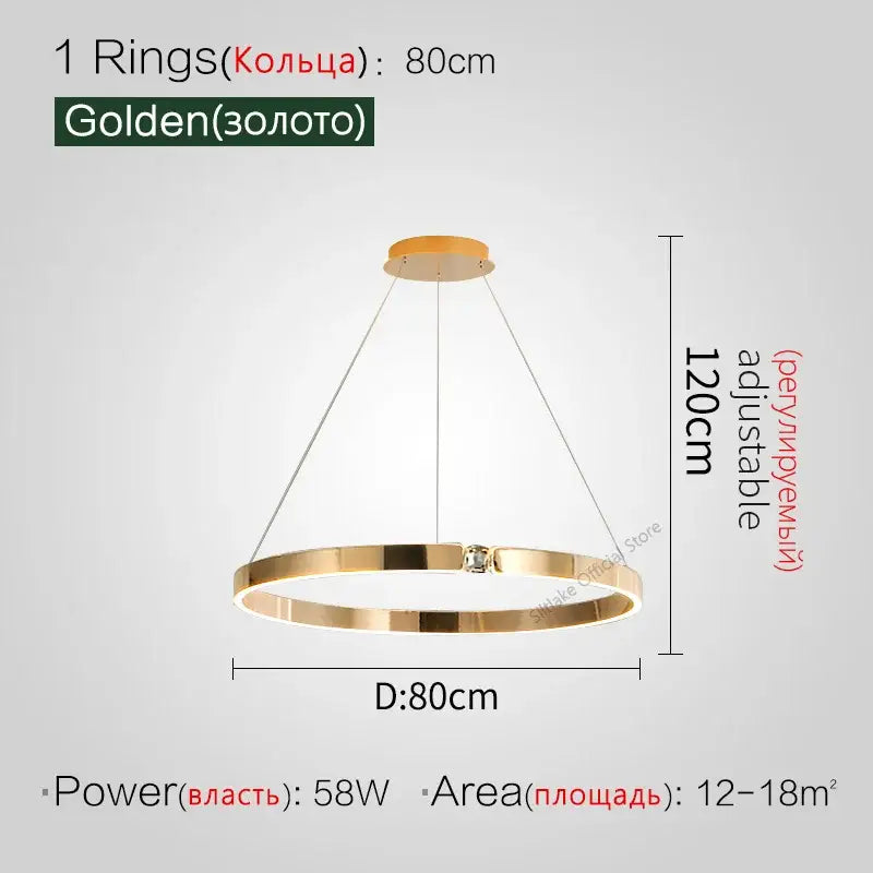 Modern gold diamond ring chandelier with golden circular pendant light and adjustable 120cm metallic height