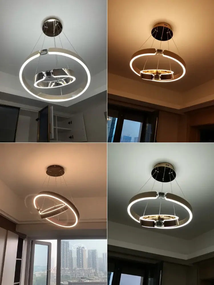 Modern gold diamond ring chandelier with double-ring led light, chrome finish, and adjustable warm or cool lighting