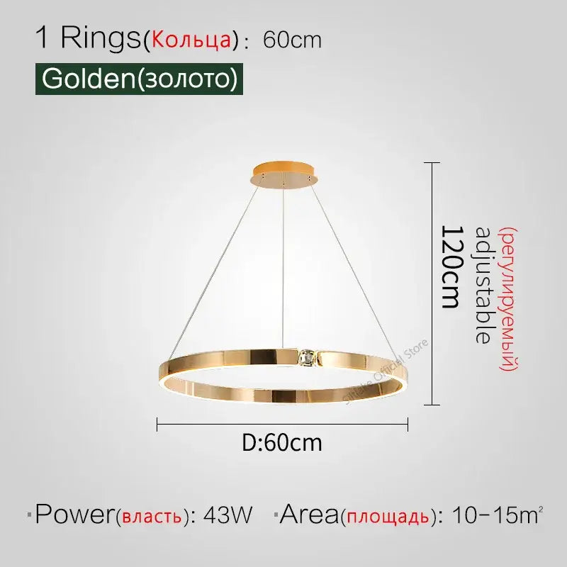 A sleek gold diamond ring chandelier pendant light with modern design and adjustable height for luxury living room