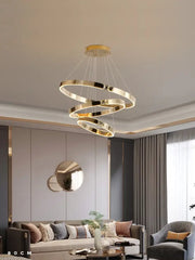 Modern gold diamond ring chandelier featuring a gold-toned spiral ring chandelier design for luxury living rooms