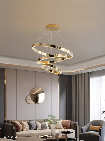 Modern gold diamond ring chandelier featuring a gold-toned spiral ring chandelier design for luxury living rooms