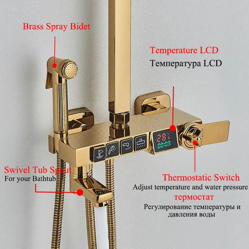 Gold-finished brass shower faucet set with digital temperature lcd display and multiple spray functions for bathroom use