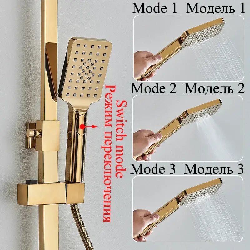 Modern gold shower faucet set with rectangular textured rainhead and matching gold rail for bathroom display