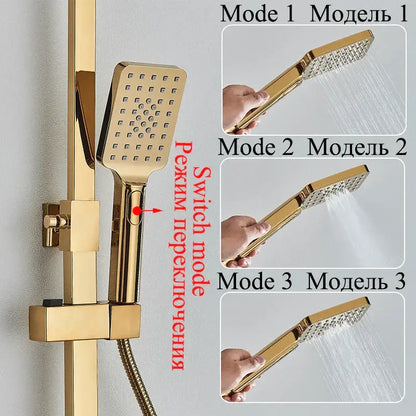Modern gold shower faucet set with rectangular textured rainhead and matching gold rail for bathroom display