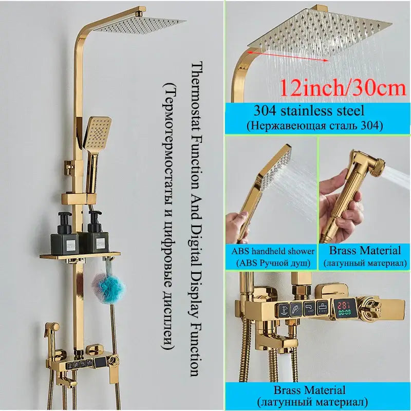 Modern gold digital shower faucet set with 12-inch brass rainhead, handheld shower, and display mixing valve faucet set