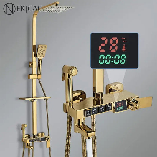 Modern gold digital shower faucet set with square rainhead handheld spray and LED display for temperature and time