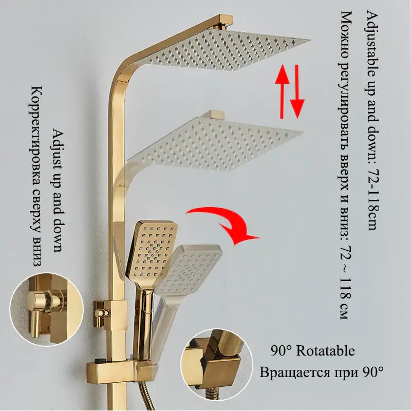 Modern gold shower faucet set with square rainhead and handheld unit in digital bathroom rainhead display