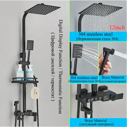 Black square rain shower head made of 304 stainless steel with digital display and thermostatic function in shower faucet set