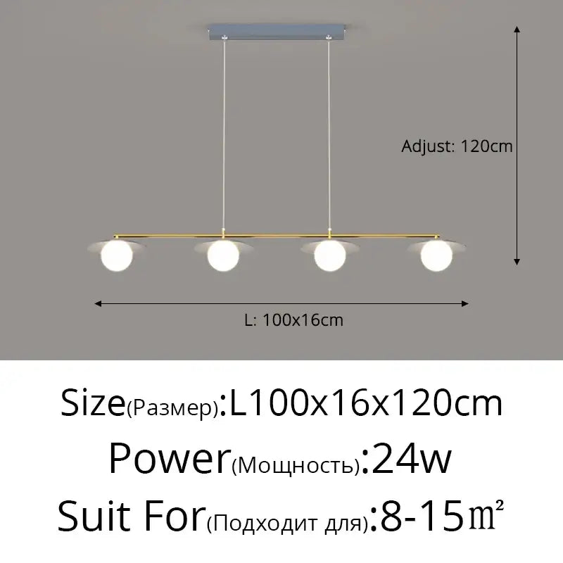 Modern gold dimmable led ceiling chandelier with four white glass bulbs on a sleek metal bar for dining room decorbites dimmable led
