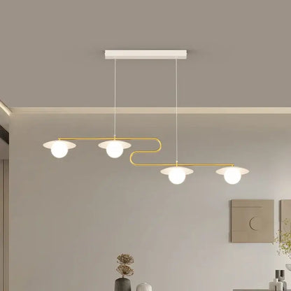Modern gold dimmable led ceiling chandelier with three white glass shades by decorbites for dining room decor