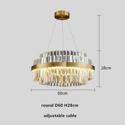 Gold-toned dimmable led pendant light with clear crystal prisms and decorbites gold metal fixture for dining room decor